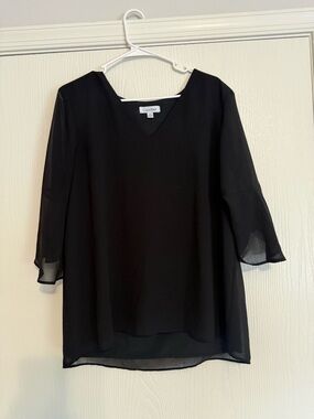 Calvin Klein Black V-Neck Sheer 3/4 Sleeve Blouse